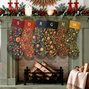 Custom Medieval Floral Christmas Stocking Personalized Velvet Stocking Old World Botanical Heirloom Holiday Mantel Decor