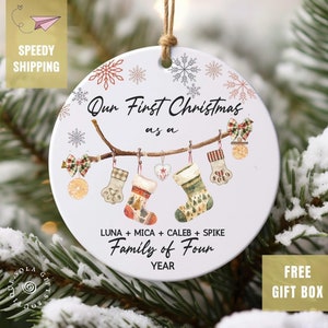 Personalized Family of 4 Ornament with Pets First Puppy Christmas Gift Nordic Boho Ceramic Keepsake with Dog Cat Paw Stockings and Gift Box