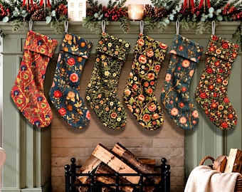 Floral Velvet Christmas Stocking Vintage Morris Style Full Print Stocking Arts and Crafts Holiday Mantel Decor Tudor Dark Botanical Gift