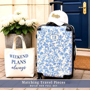 Personalized Blue Toile Monogram Luggage Custom Rolling Hard-shell Suitcase Carry On Cabin Bag Graduation Gift College Travel