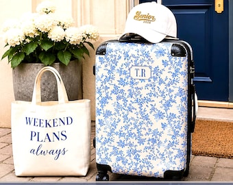Personalized Blue Toile Monogram Luggage Custom Rolling Hard-shell Suitcase Carry On Cabin Bag Graduation Gift College Travel