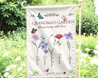 Grandma Garden Flag Custom Birth Month Flower with Kids Name Porch Flag Happy Mothers Day Gift Garden Decor House Banner Sign