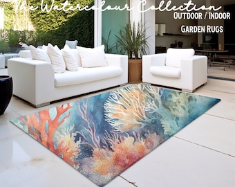 Ocean Reef Outdoor Rug  Coastal Decor Watercolour Print - Perfect for Beach House Poolside or Boat Decor Great Gift for Ocean Life Lovers