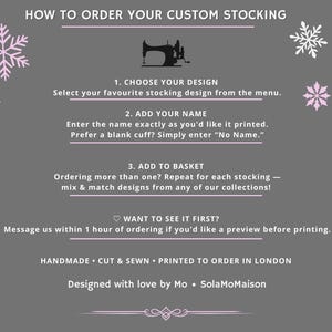 How to order a personalized Christmas stocking, including choosing a design, adding a custom name, ordering multiple family stockings and requesting a proof before printing.