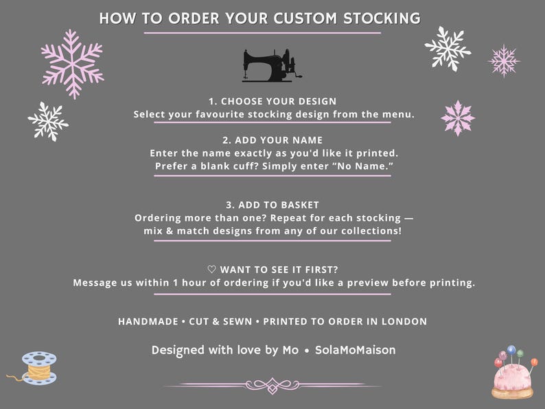 How to order a personalized Christmas stocking, including choosing a design, adding a custom name, ordering multiple family stockings and requesting a proof before printing.
