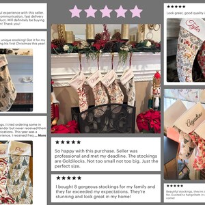 Collage of customer reviews and photos showing personalized velvet Christmas stockings with custom names, family sets and festive mantel displays in real homes.