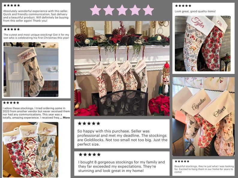 Collage of customer reviews and photos showing personalized velvet Christmas stockings with custom names, family sets and festive mantel displays in real homes.