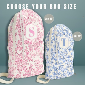 College Gift Personalized Laundry Bag Dorm Decor Toile De Jouy Sorority Big Little Custom Name Chinoiserie Laundry Room Back to School Gift in Blue Toile de Jouy and Pink Chinoiserie Fabric