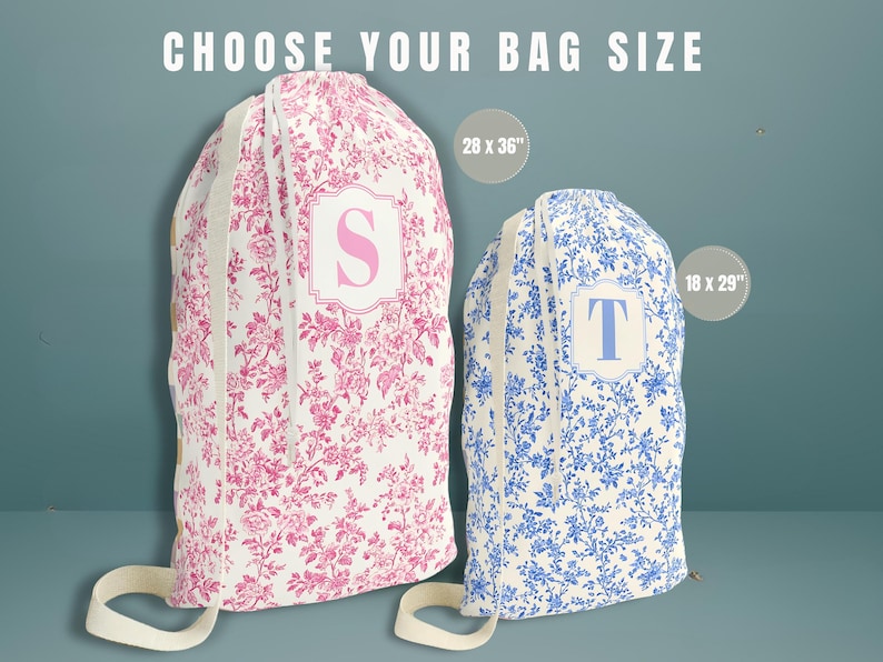 College Gift Personalized Laundry Bag Dorm Decor Toile De Jouy Sorority Big Little Custom Name Chinoiserie Laundry Room Back to School Gift in Blue Toile de Jouy and Pink Chinoiserie Fabric