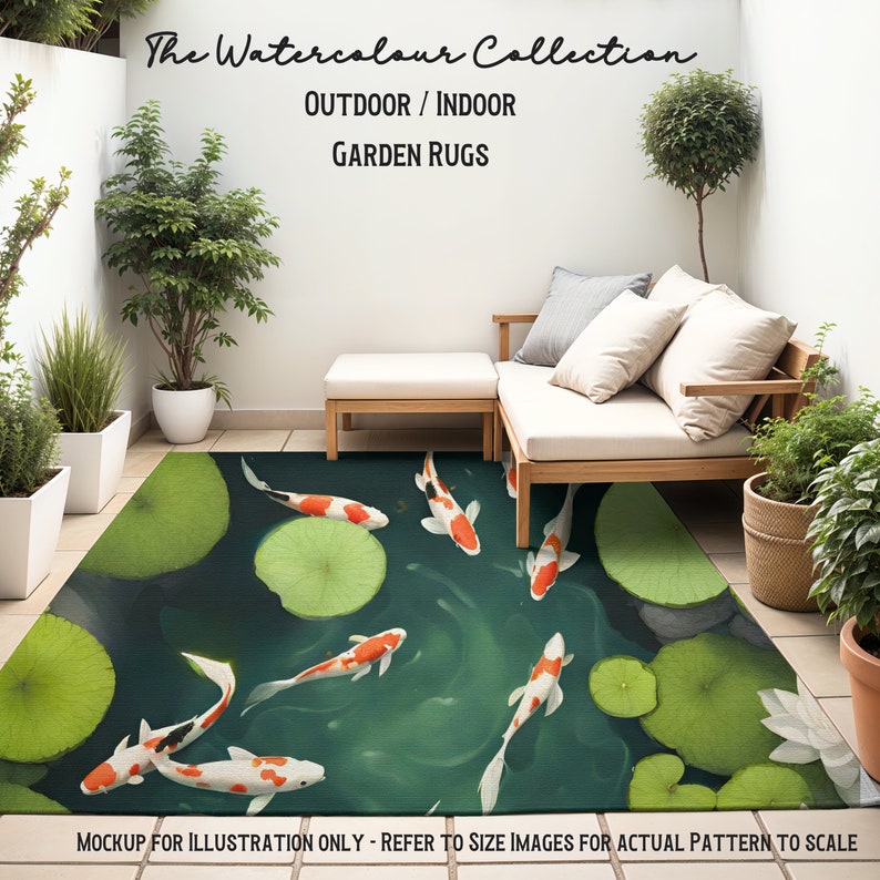 May include: A green and orange watercolor rug with a koi fish and lily pad design. The rug is laid out on a patio with a white wall and a wooden bench with cushions. The text "The Watercolour Collection" is at the top of the image. The text "OUTDOOR/INDOOR GARDEN RUGS" is below the first line of text. The text "MOCKUP FOR ILLUSTRATION ONLY - REFER TO SIZE IMAGES FOR ACTUAL PATTERN TO SCALE" is at the bottom of the image.