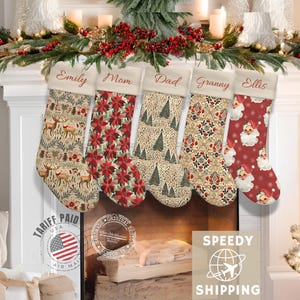 Scandinavian Christmas Stocking Personalized Holiday Decor Neutral Vintage Soft Printed Velvet Design Unique Handmade Xmas Gifts for Family