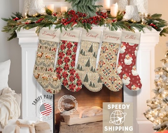Scandinavian Christmas Stocking Personalized Holiday Decor Neutral Vintage Soft Printed Velvet Design Unique Handmade Xmas Gifts for Family