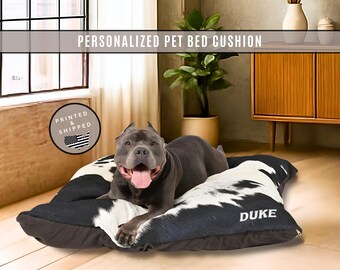 Personalized Cow Print Pet Bed Faux Cowhide Print Black White Western Dog Bed Custom Name Cushion Gift for Small Medium Large Dogs