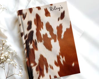 Personalized Brown Cow Print Journal Custom Name Western Notebook Cowgirl Gift for Her Rustic Hardcover Journal
