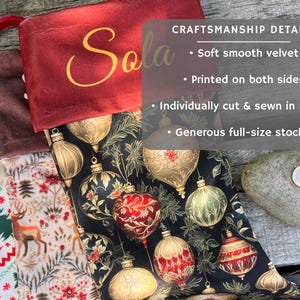 Close-up of personalized printed velvet Christmas stockings showing smooth fabric, double-sided printing, custom name cuffs and individually cut and sewn construction.