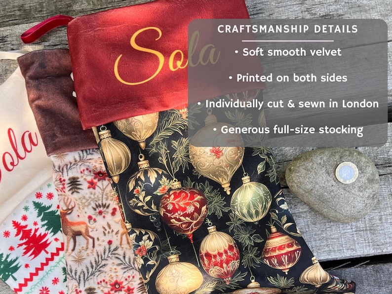 Close-up of personalized printed velvet Christmas stockings showing smooth fabric, double-sided printing, custom name cuffs and individually cut and sewn construction.
