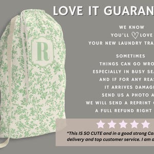 May include: A laundry travel bag with a light green floral pattern and the letter "R" inside a decorative frame. The bag has a drawstring closure and a cream-colored strap. The text "LOVE IT GUARANTEE" is at the top.