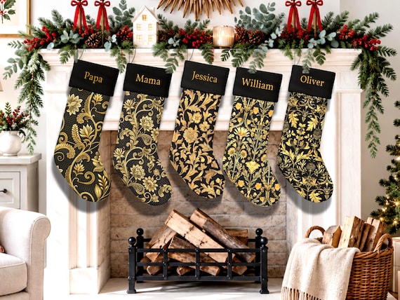 A William Morris–inspired dark floral velvet Christmas stocking that looks like it belongs in a gothic manor — miles away from the red-felt Santa stockings at Target.