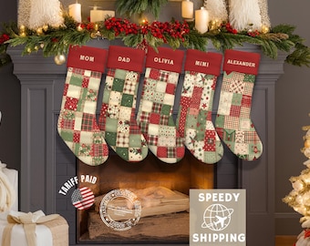 Scandi Faux Patchwork Christmas Stocking Personalized Velvet Family Name Stockings Cozy Holiday Cottage Decor Scandinavian Xmas Gift