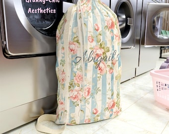 College Laundry Bag Personalized Coquette Floral Boho Dorm Gift for College Girl Grandmillennial Storage Sack Sorority Bathroom Decor