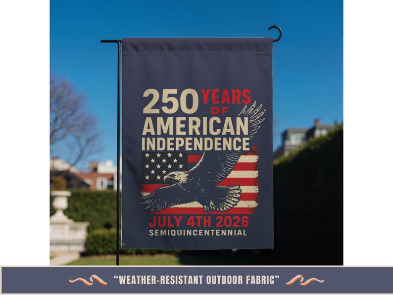 America 250 independence garden flag with eagle and est 1776 design hanging on outdoor stand