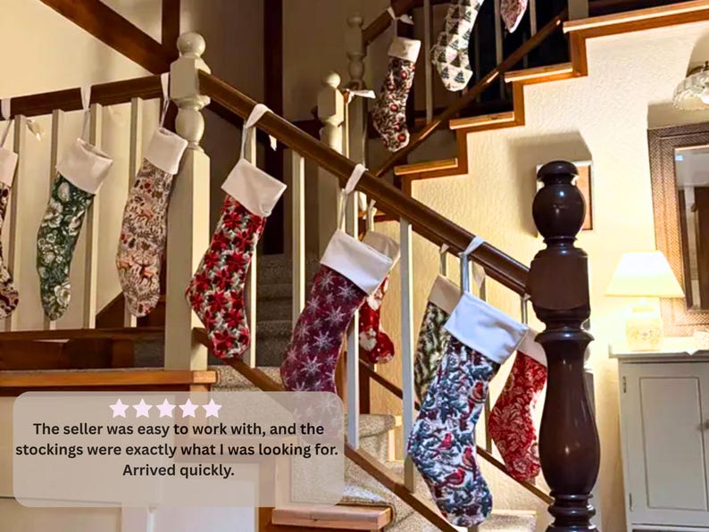 Customer photo of mix and match personalized large order Christmas stockings in different vintage holiday patterns hanging together on a staircase banister.