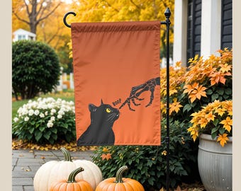 Black Cat Garden Flag Cute Halloween Porch Decor with Skeleton Hand Funny Boop Cat Gift Idea for Cat Lovers Outdoor Spooky Yard Banner