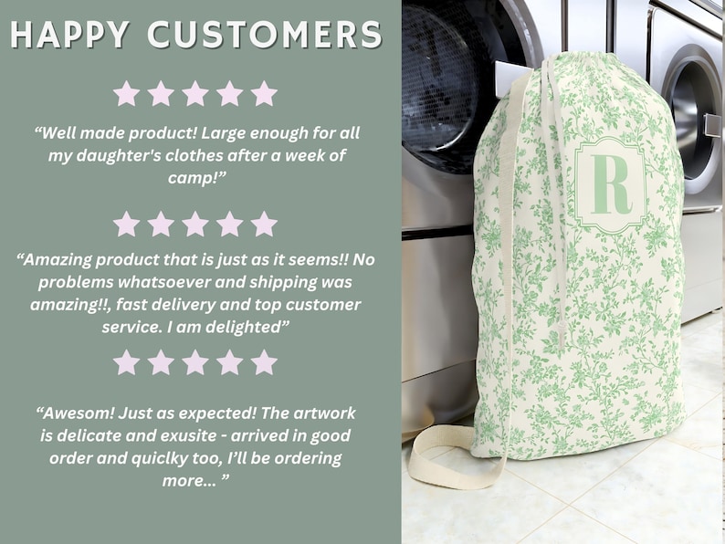 May include: A laundry bag with a floral pattern in light green and cream. The bag has a drawstring closure and a cream-colored strap. The letter "R" is displayed in a green frame. The text "HAPPY CUSTOMERS" is at the top.