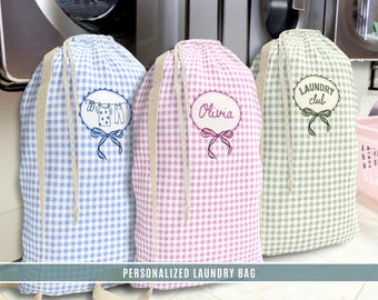 Personalized Gingham Laundry Bag Gift for College Girl Dorm Move In Cute Coquette Laundry Sack Custom Name Bag Student Essentials