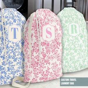 College Gift Personalized Laundry Bag Dorm Decor Toile De Jouy Sorority Big Little Monogram Chinoiserie Laundry Room Back to School Gift available in Blue, Pink and Sage Green Chinoiserie pattern