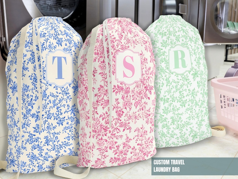 College Gift Personalized Laundry Bag Dorm Decor Toile De Jouy Sorority Big Little Monogram Chinoiserie Laundry Room Back to School Gift available in Blue, Pink and Sage Green Chinoiserie pattern
