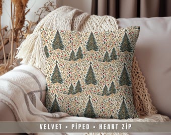 Woodland Trees Velvet Cushion Cover Piped Edges Nordic Forest Throw Pillow Winter Cottagecore Decor Cozy Cabin Christmas Home Gift