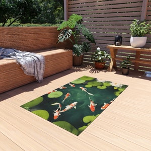 Koi Pond Outdoor Rug Watercolour Print Perfect for Patio Balcony Garden or Poolside Fathers Day Gift for Grandad Garden Decor Gifts 36" × 60"