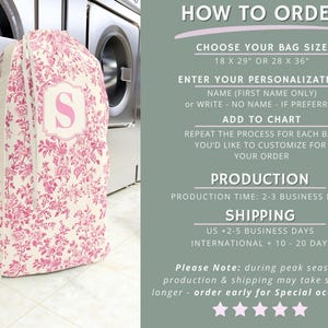 May include: A laundry bag with a pink floral pattern and the letter "S" in a framed design. The bag has a drawstring closure and a cream-colored strap. The text "HOW TO ORDER" is visible.