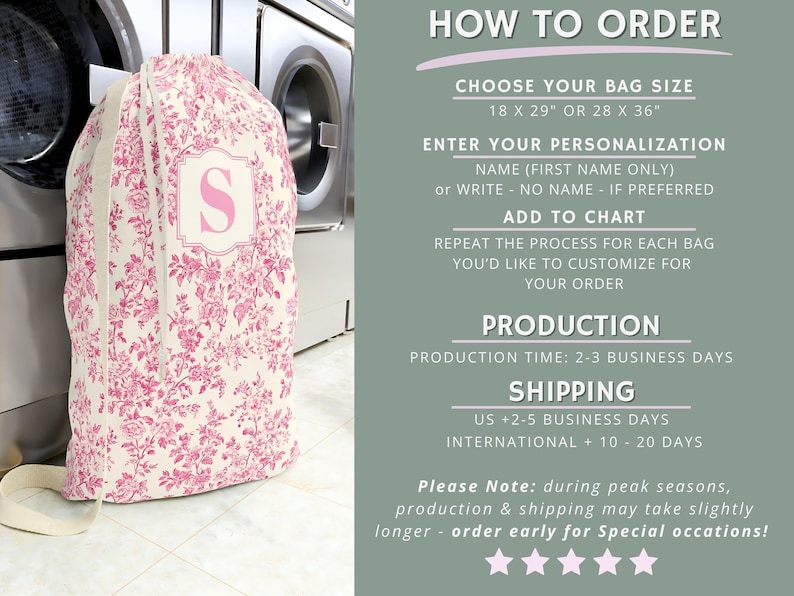 May include: A laundry bag with a pink floral pattern and the letter "S" in a framed design. The bag has a drawstring closure and a cream-colored strap. The text "HOW TO ORDER" is visible.
