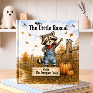 May include: A hardback children's storybook titled Ripley The Little Rascal Visits The Pumpkin Patch. The cover features an illustration of a raccoon wearing blue overalls and a red bandana, standing near a wooden fence with pumpkins and autumn leaves.
