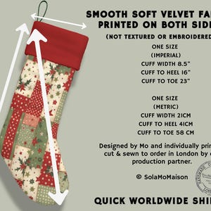 Personalized printed patchwork style velvet Christmas stocking showing approximately 8.5 inch cuff width, 16 inch cuff to heel and 23 inch cuff to toe measurements.