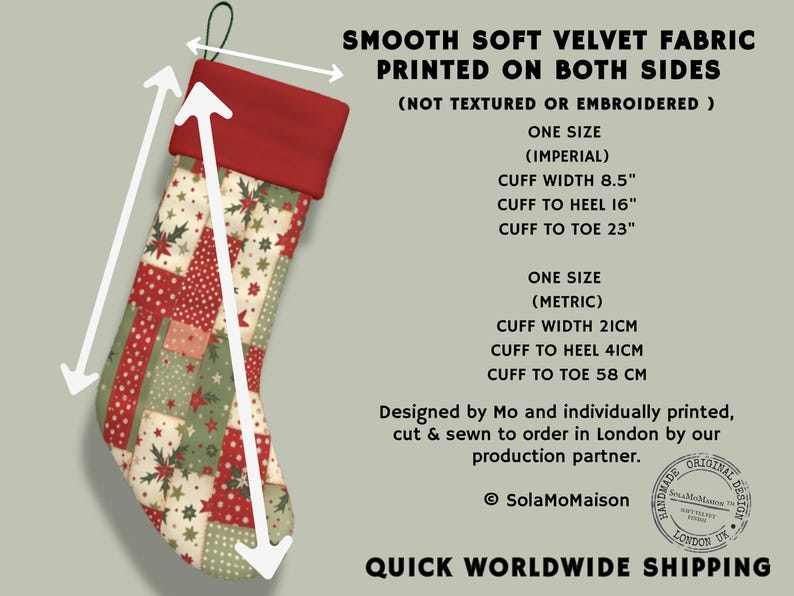Personalized printed patchwork style velvet Christmas stocking showing approximately 8.5 inch cuff width, 16 inch cuff to heel and 23 inch cuff to toe measurements.