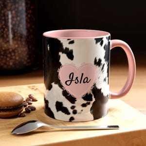 Cow Print Accent Mug Personalized Gift for Cowgirl Girly Office Decor Black or Pink Custom Name Option Trendy Coquette Aesthetics, U.K