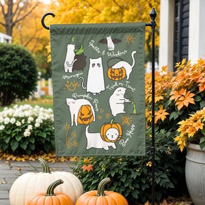 Cute Spooky Cat Garden Flag Halloween Cat Porch Banner with Ghost Cat Pumpkins Witchy Decor Cottagecore Creepy Cute Yard Gift for Cat Lovers