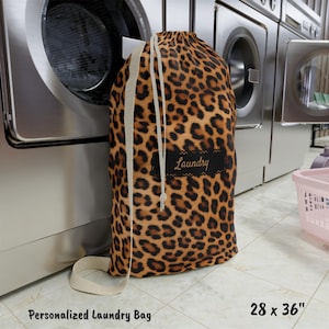 Leopard Laundry Bag Custom Name Sorority Dorm Gift idea for Girl Birthday Bathroom Storage Trendy Cheetah Print Personalized Clothes Hamper