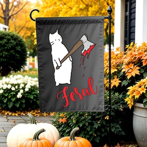 Lustige Halloween-Gartenflagge mit Katze, gruselige Verandadeko, wilde schwarze Katze, unheimlich süßes Gartenbanner, Geschenk für Katzenliebhaber, Gothic, Dark Cottagecore