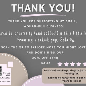 SolaMoMaison thank you card for supporting a small woman-run business, with QR code, customer review and information about handmade personalized Christmas stockings.