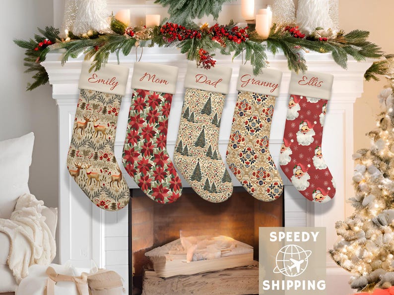 Scandinavian Christmas Stocking Personalized Holiday Decor Neutral Vintage Soft Printed Velvet Design Unique Handmade Xmas Gifts for Family