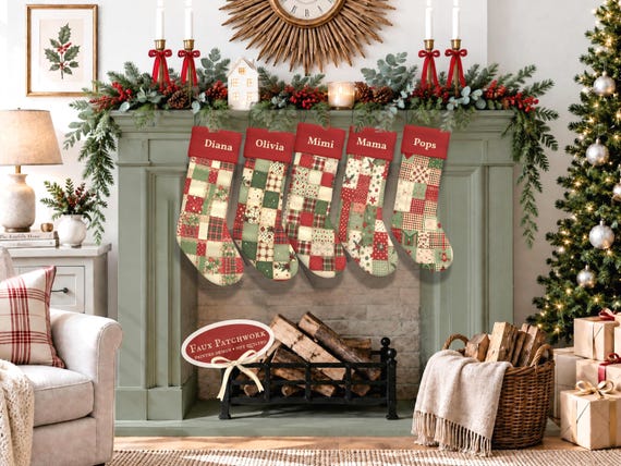 Custom Patchwork Christmas Stocking Personalized Vintage Quilt Style Velvet Stocking Heirloom Family Mantel Decor Traditional Xmas Gift