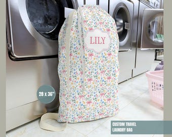 College gift Personalized Laundry Bag Dorm Room Decor Custom Canvas Hamper Coquette Bow Girls Teens Sorority Dorm Essential Laundry Room