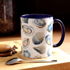 Blue Oyster Shell Coffee Mug Coastal Watercolor Design
