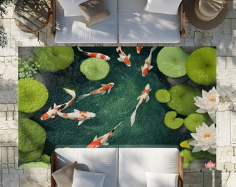 Koi Pond Outdoor Rug  Watercolour Print Perfect for Patio Balcony Garden or Poolside Fathers Day Gift for Grandad Garden Decor Gifts