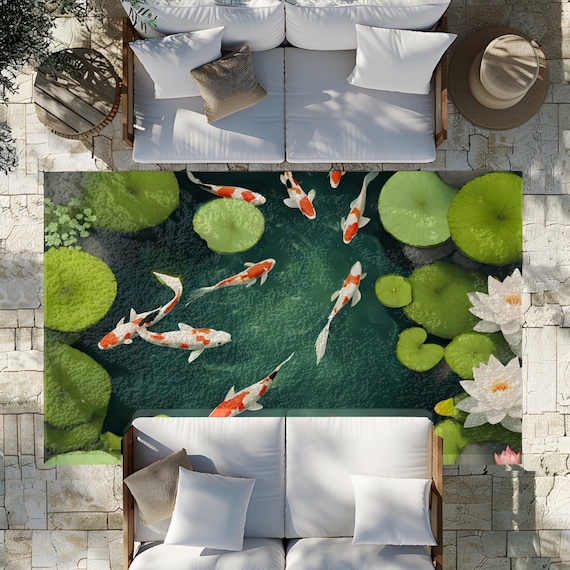Koi Pond Outdoor Rug  Watercolour Print Perfect for Patio Balcony Garden or Poolside Fathers Day Gift for Grandad Garden Decor Gifts
