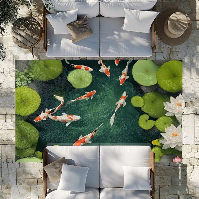 May include: A green and white area rug with a pond scene featuring orange and white koi fish swimming among lily pads. The rug is placed between two white couches with pillows.